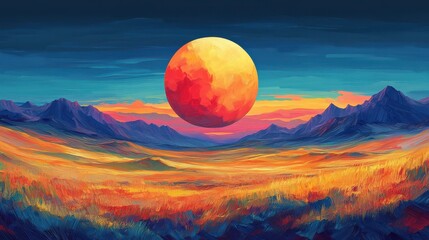 Vibrant sunset over rolling hills with colorful sky and distant mountains in a serene landscape