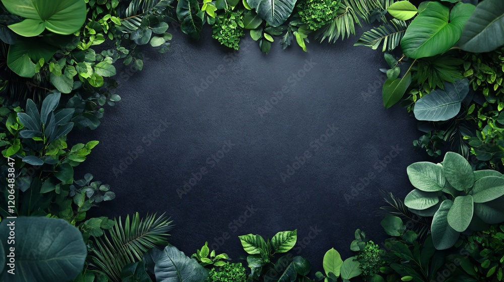Poster creative layout made of tropical leaves creating a frame on dark background