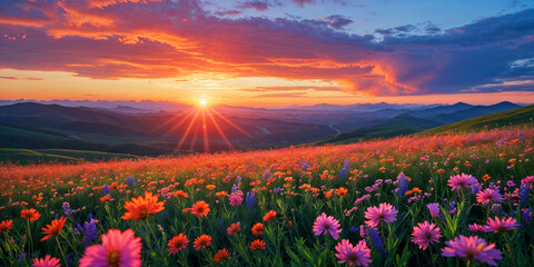 Vibrant wildflower meadow under a breathtaking sunset