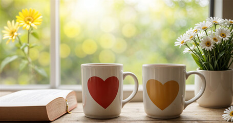 Friendship Coffee Mugs on Wooden Table with Daisies