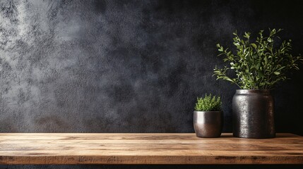 Plants resting on rustic wooden table against dark wall