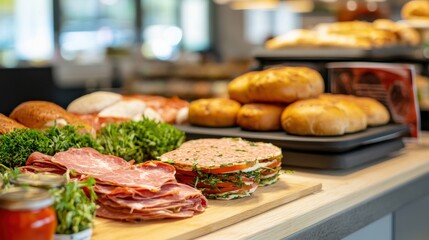 Obraz premium Freshly prepared deli meats and baked goods displayed on a wooden counter in a modern caf? setting
