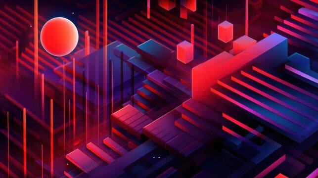 Fototapeta Abstract Red and Blue Geometric Composition with a Celestial Body