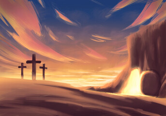 Illustration of the resurrection of Jesus on Easter, featuring a tomb on a mountain illuminated with light, the stone rolled away, three crosses in the foreground, and a sunset in the background
