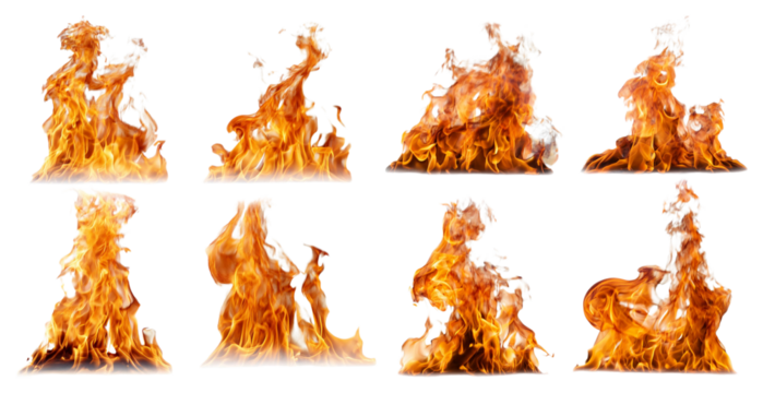 Dynamic flames in different shapes and sizes isolated on transparent background