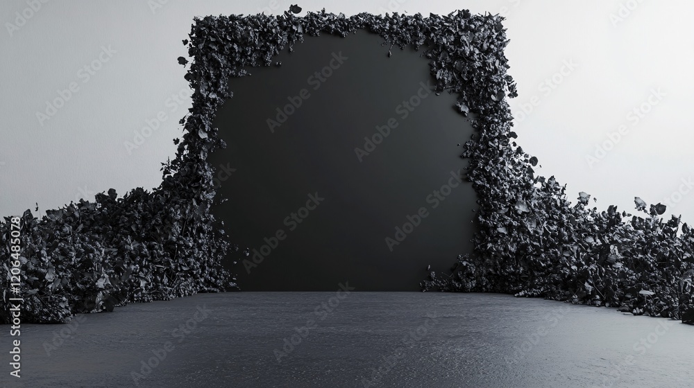 Poster black minimalist abstract background with rock particles framing a dark square area