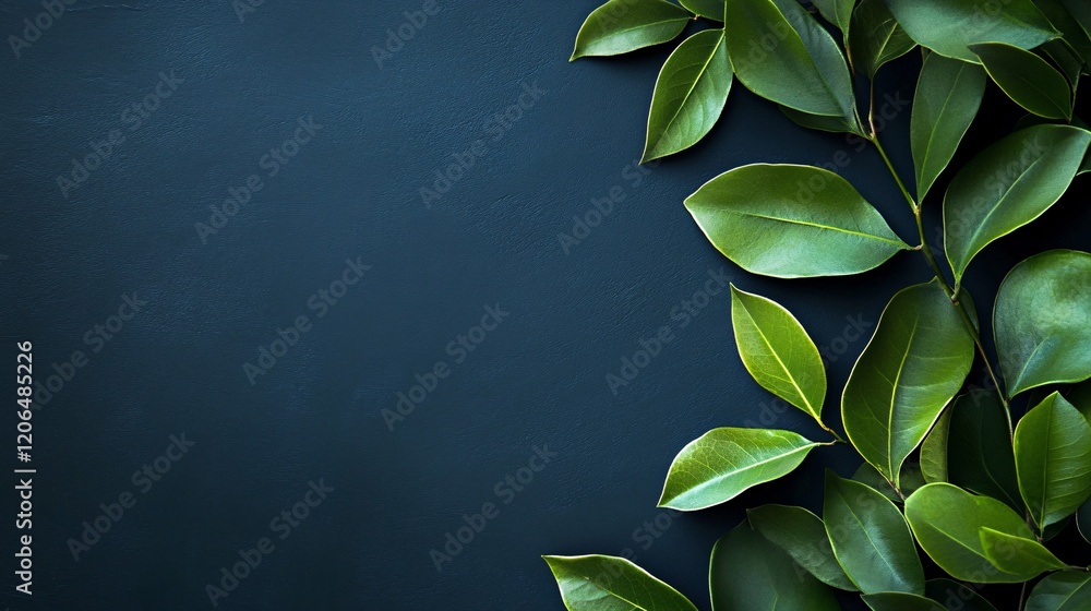 Poster green leaves arranged on dark blue background creating copy space