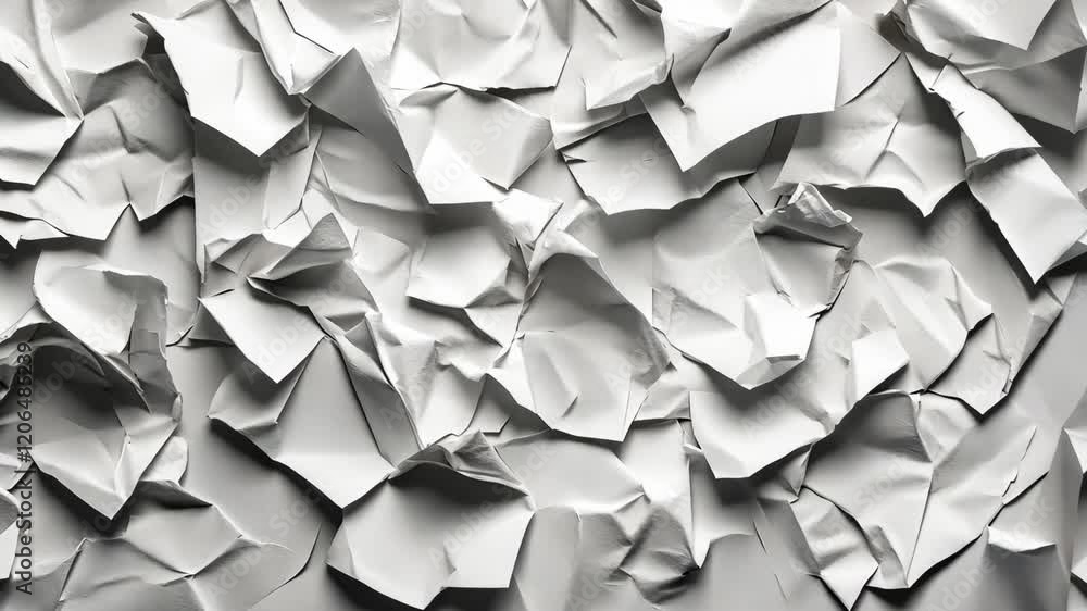 Poster crumpled white paper scattered across a flat surface showing texture and random folds
