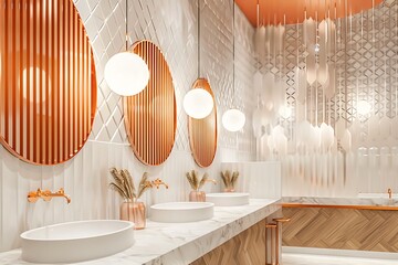 Interior of modern bathroom with minimalistic, white tiles with organic patterns and copper colors