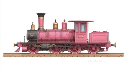 Obraz premium Pink Vintage Steam Locomotive on Railway Tracks, Detailed Illustration
