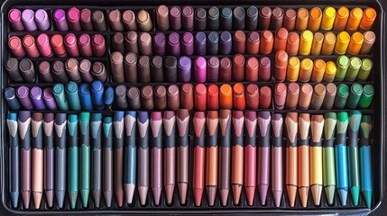 Colorful crayons arranged neatly in a box