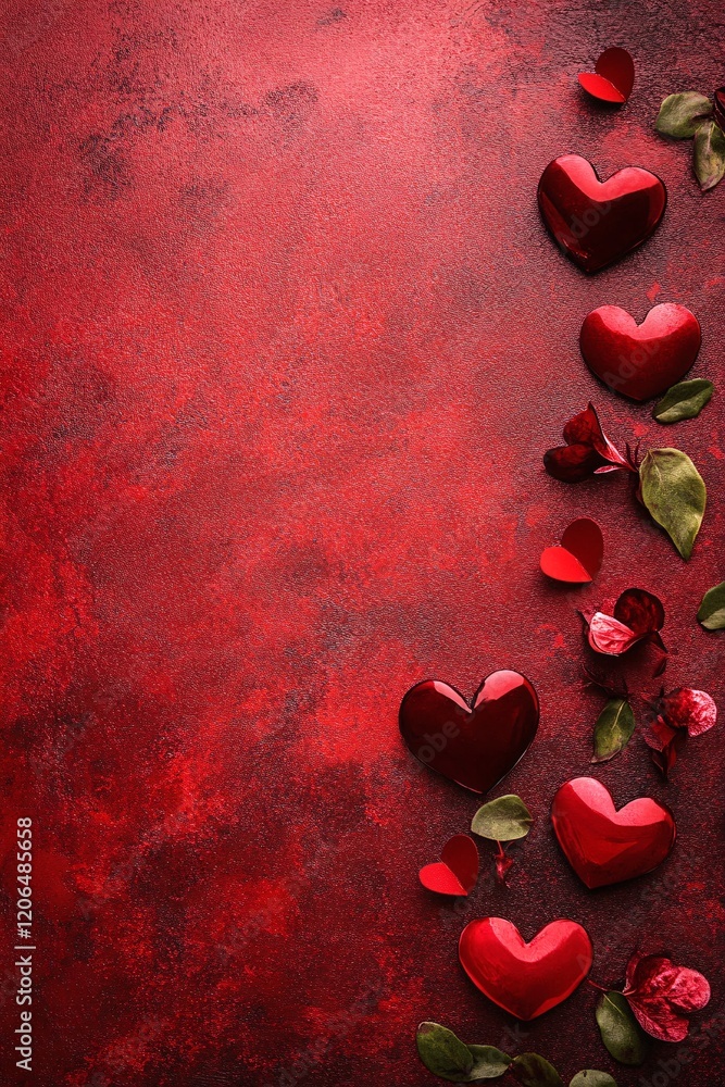 Poster red hearts and petals creating romantic border on valentine's day background