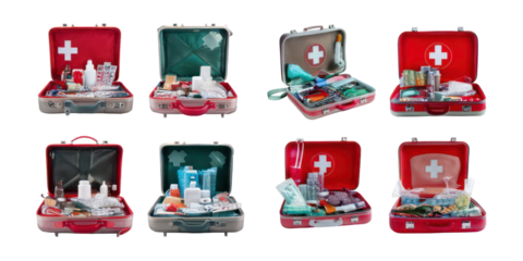 First Aid Kits with Medical Supplies and Equipment,PNG set collection, isolated on transparent background