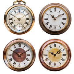 Antique vintage clocks set isolated on transparent background