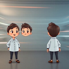 Cartoon boy character design, front, side, back views.