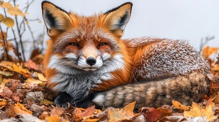 Obraz premium Red Fox Resting in Snowy Autumn Leaves: A Peaceful Winter Scene