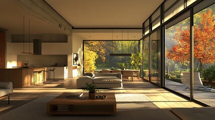 Fototapeta premium Modern living room with large windows overlooking autumn scenery.