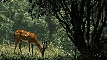 Spotted Deer Grazing in a Verdant Forest