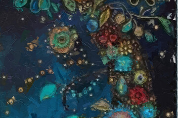 Various oil paintings, floral landscapes, chrysanthemums, marine creatures, tigers, and beauty