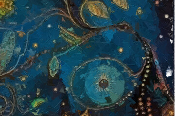 Various oil paintings, floral landscapes, chrysanthemums, marine creatures, tigers, and beauty