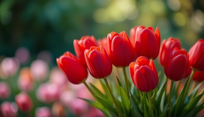 Obraz premium Close-up view of bright red tulips with blurred background of other flowers