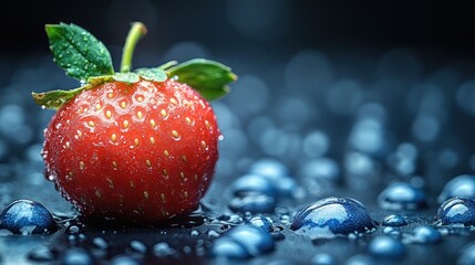 Juicy strawberry, water drops, dark background, food photography