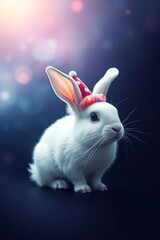 Adorable white bunny in festive hat.