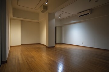 Empty modern room with hardwood floor, white walls, and recessed lighting.