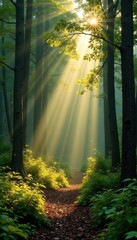 Fototapeta premium Muted earth tones with saffron and green ray burst in forest, grunge, nature, foliage