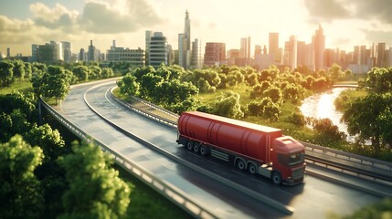Obraz premium A red truck drives along a modern highway in a green cityscape.