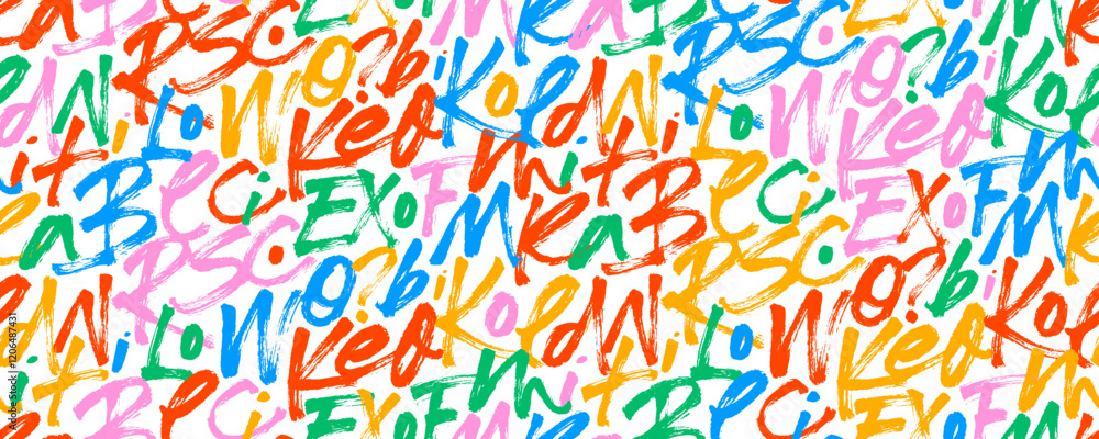 Poster colorful playful brush drawn letters seamless pattern. hand drawn vector calligraphy background with
