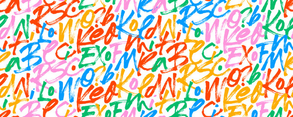 Colorful playful brush drawn letters seamless pattern. Hand drawn vector calligraphy background with bright letters in kid's style. Abstract text wallpaper, funky graffiti typography seamless banner.