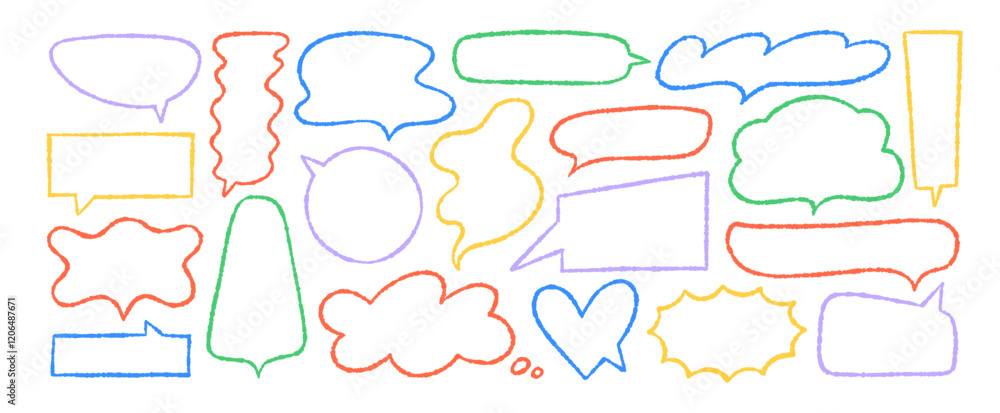 Poster colorful chalk pencil speech bubbles doodle set. crayon drawn speech bubble frames with rough outlin