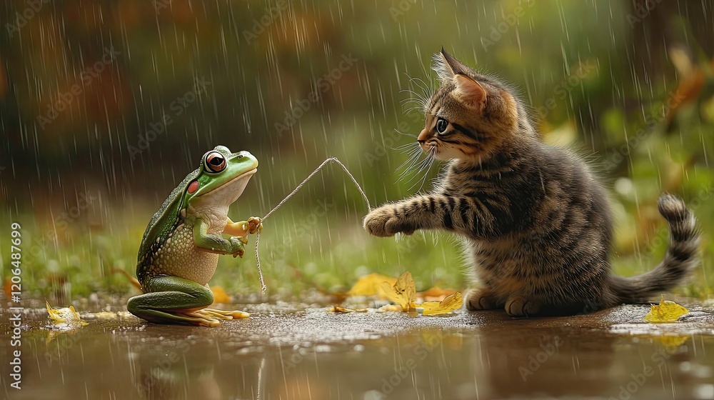 Poster a frog and kitten play in the rain with a string