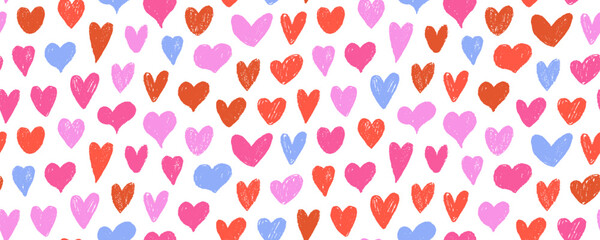 Cute crayon drawn hearts seamless pattern. Red and pink colored doodle rough hearts for Valentine's day. Love seamless banner design. Hand drawn vector romantic elements. Scribble doodle wallpaper.