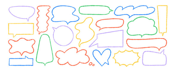 Colorful chalk pencil speech bubbles doodle set. Crayon drawn speech bubble frames with rough outline. Doodle childish bubbles. Clouds, heart, circle and rectangle shapes. Communication frames.
