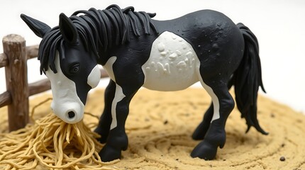 Miniature black and white horse figurine eating hay.