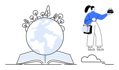 Woman with shopping bags holding eco-friendly product, standing near open book with Earth and plants growing. Ideal for education, sustainability, environment, shopping, ecology, lifestyle