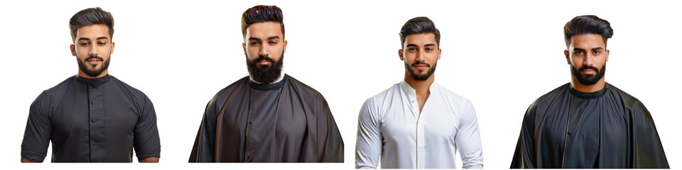 Obraz premium Barber with stylish haircut wearing a salon cape after a grooming session isolated on transparent background