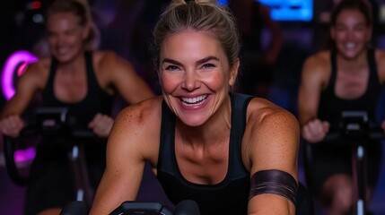 Fototapeta premium Happy Senior Woman Cycling in Group Fitness Class Indoor Cardio Workout Healthy Aging