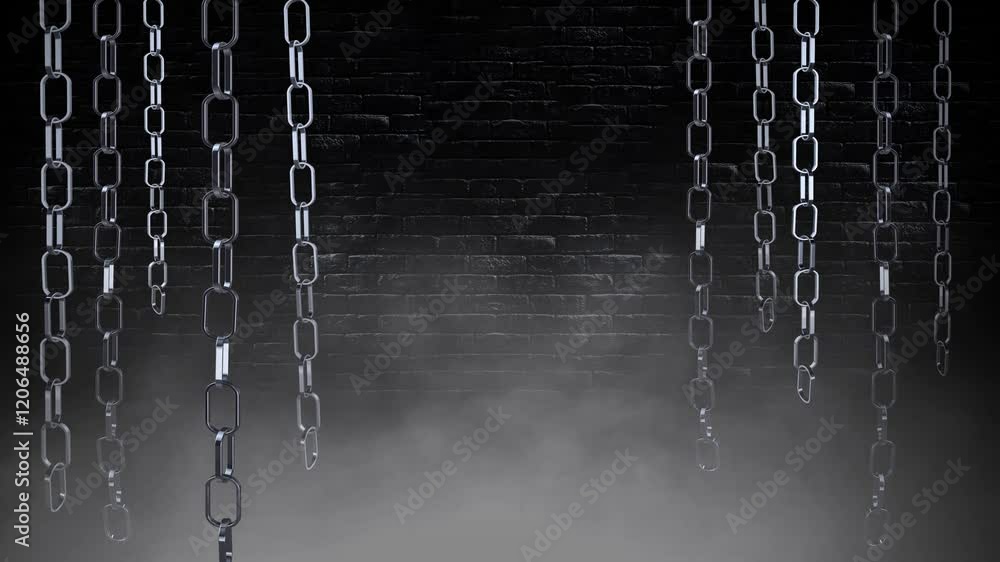 Wall mural swinging chains in the dark 4k loop features metallic chains hanging down and swinging in a dark roo