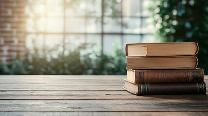 Handmade wood table with leatherbound books, soft study lamp bokeh, academic charm and sophistication