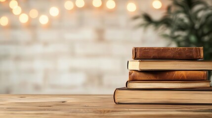 Handmade wood table with leatherbound books, soft study lamp bokeh, academic charm and sophistication