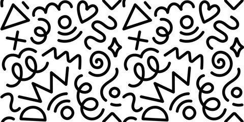 Obraz premium Memphis fun geometric seamless pattern. Cool abstract background, retro 80s, 90s style with basic shapes: star, triangle, circle, semicircle, heart, zigzag, spiral, wavy lines. Cute kid doodle design.