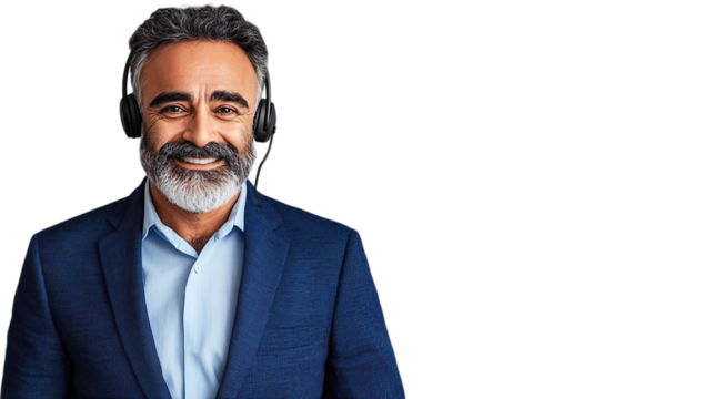 Confident Man in Blue Suit With Wireless Headphones Transparent Background