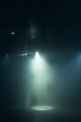 Dark, smoky tunnel with single spotlight.