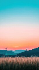 Obraz premium Silhouetted wind turbines at vibrant sunset in serene countryside renewable energy concept nature view