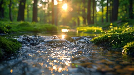 Sunlit Stream in a Lush Green Forest: A Peaceful and Serene Natural Landscape