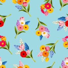 Seamless pattern with colorful spring flowers bouquets on a blue background. Vector floral print