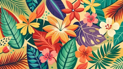 Naklejka premium Tropical Floral Fiesta: A vibrant explosion of color, featuring a lush array of tropical flowers and leaves in a lively, hand-drawn style. Perfect for adding a touch of paradise to any design.